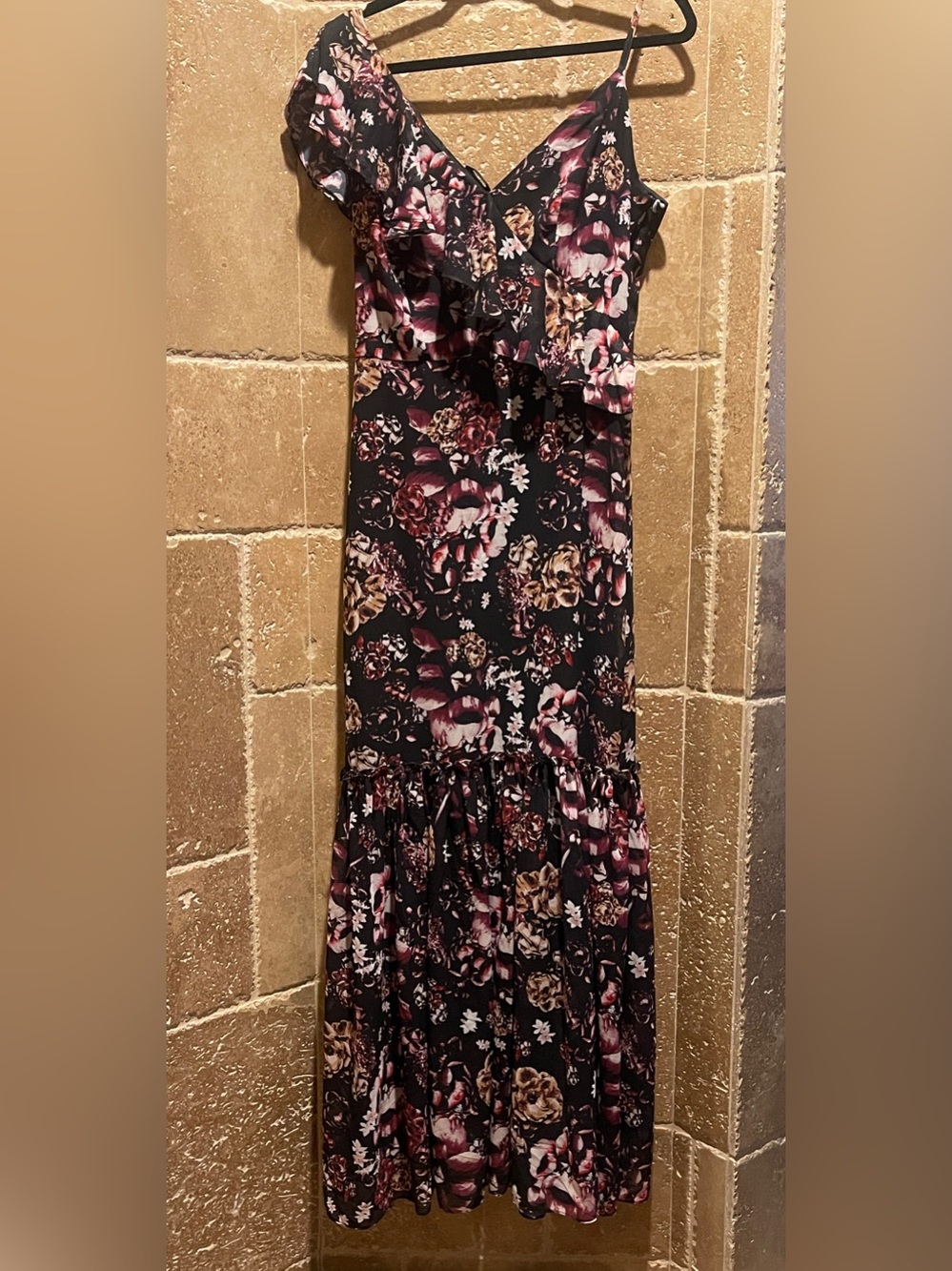 bebe Black Floral Ruffle-Trim Maxi Dress with Pink Accents